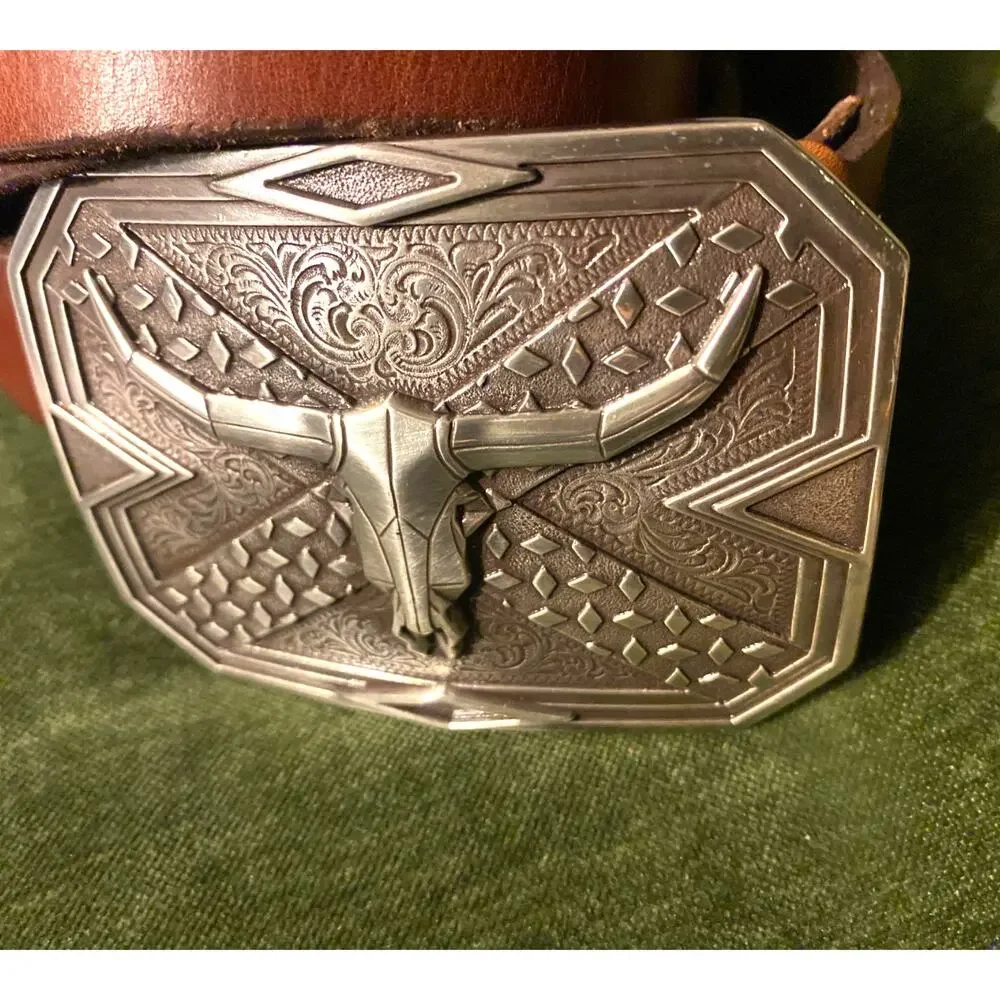 NOCONA Square Longhorn Buckle w/ NOCONA Belt Company‎ Brown Leather Belt  Sz 44